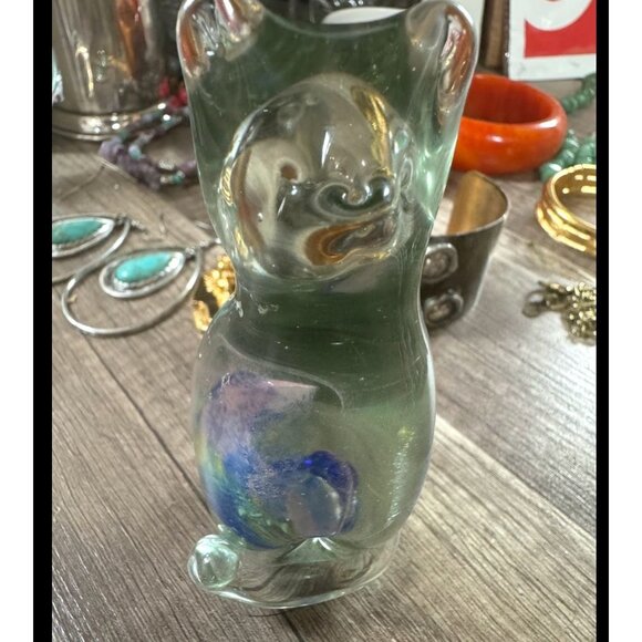 Fenton Stylized Art Glass Cat Figurine 5" Handcrafted Siamese With Colorful Swir - Picture 3 of 5